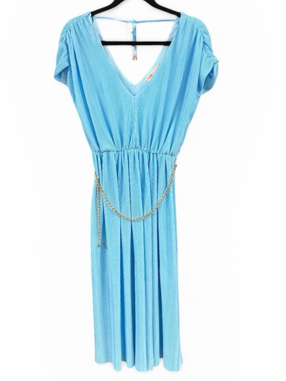 INTEMPO Plisse Midi Dress Accordion Pleated V Neck Blue Size Small - Picture 5 of 10